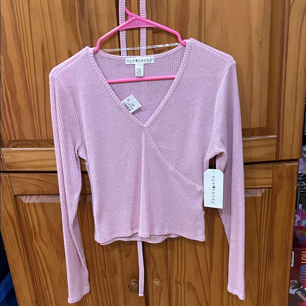 New! Eye candy Pink Ribbed Long Sleeve Wrap Top